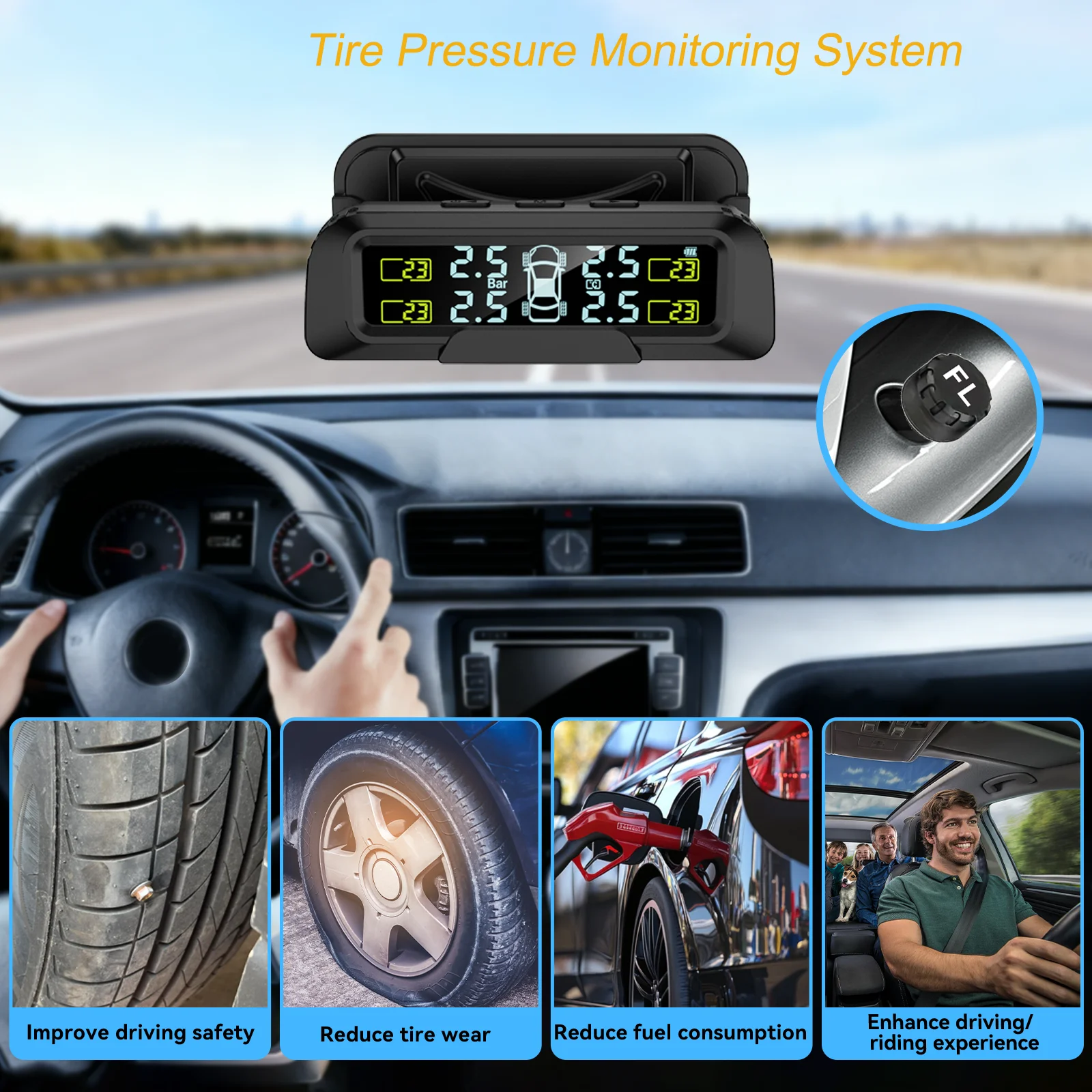 Solar Powered TPMS External Sensor with Pressure and Temperature Display
