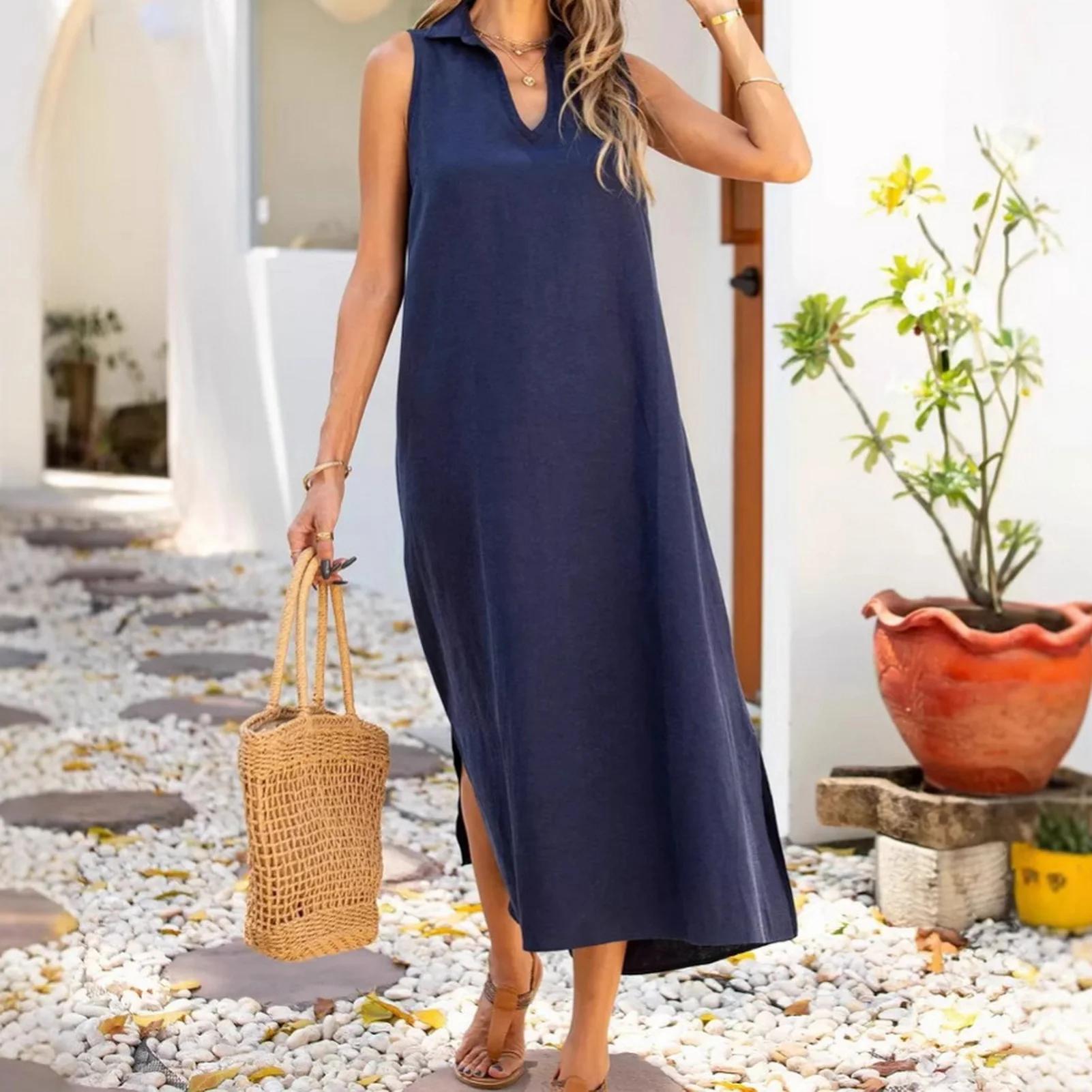 여성용 V넥 단색 탱크 원피스 코튼 린넨 캐주얼 루즈 선드레스, 일반 롱 드레스, 파티 나이트