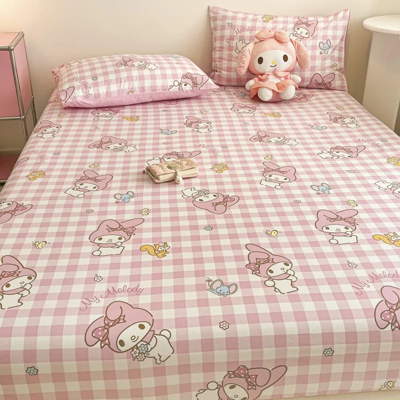 Sanrio-sábana bajera de algodón puro, juego de tres piezas, colcha de algodón de Hellokitty My Melody, bonita funda protectora envolvente