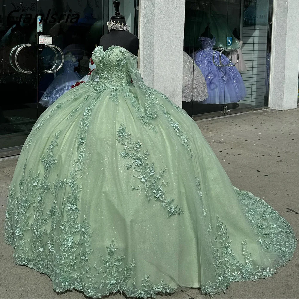 

Mint Green Long Sleeve Off The Shoulder Quinceanera Dresses Ball Gown Appliques Lace 3D Flowers Corset Vestidos De 15 Años