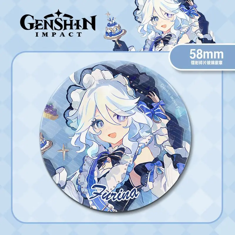 

Genshin Impact Badge Tea Party Laser Millet Brooch Furina Raiden Shogun Hutao Metal Pins Fans Gift