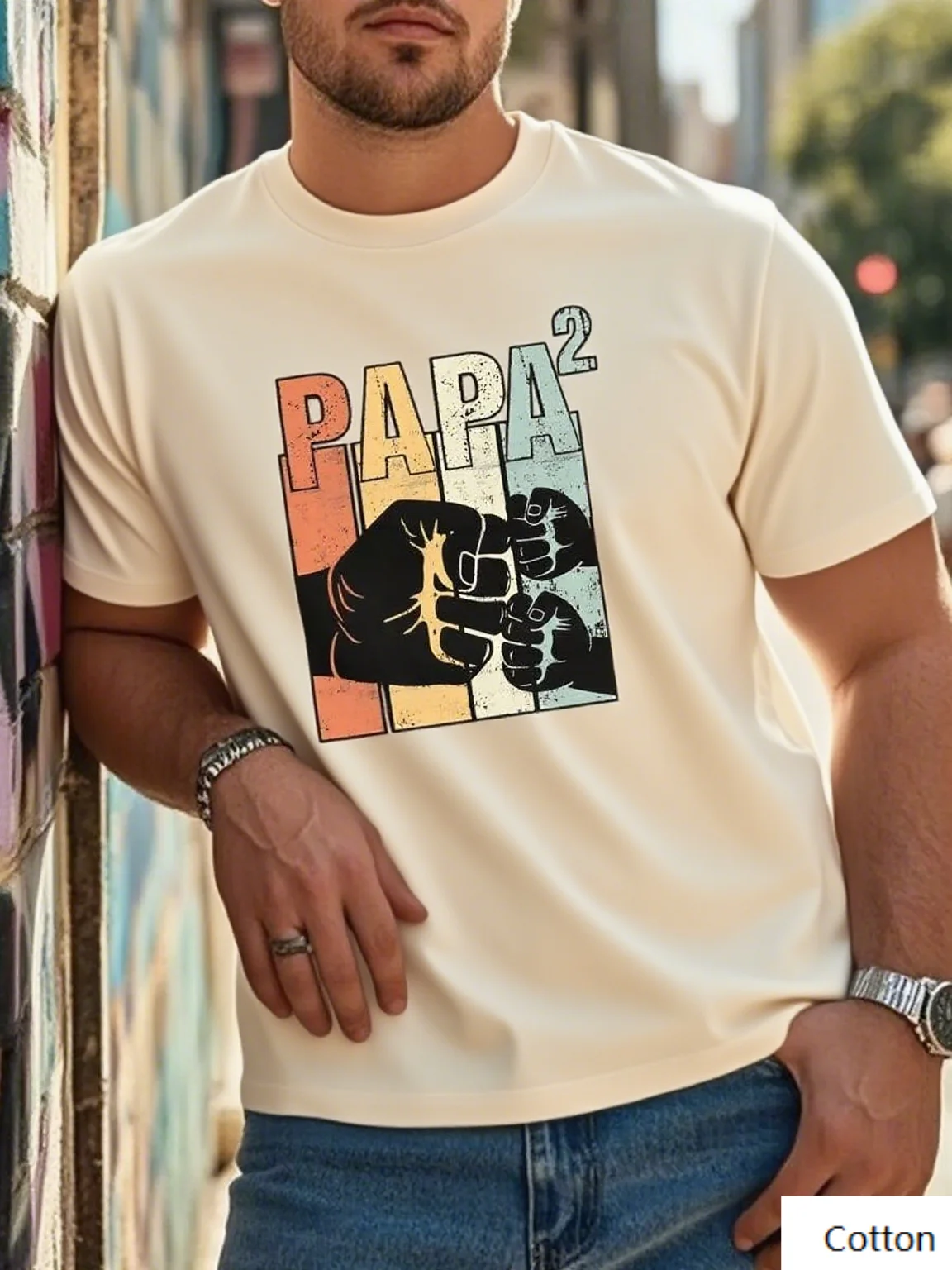 

Cotton T Shirt Papa Squared Graphic with Fist Design Trendy Printed Brand Pure Cotton T-shirt Short Sleeve Unisex Round Neck