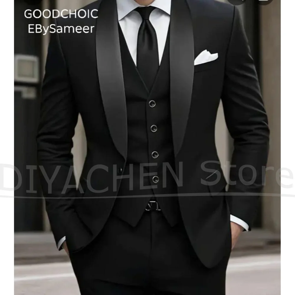 Men Black Suit Three Piece Satin Shawl Lapel One Button Outfit Blazer Vest Pants Formal Wedding Party Slim Tailored Tuxedo