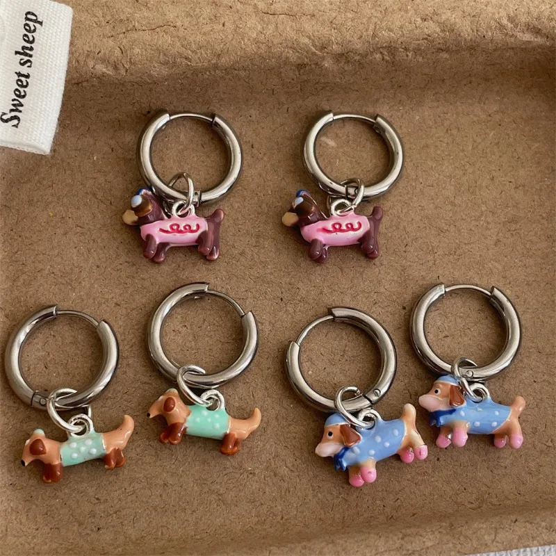 

Minar Funny Candy Color Enamel Cartoon Animal Dachshund Dog Hoop Earrings for Women Silver Plated Hooks Wholesale Party Jewelry