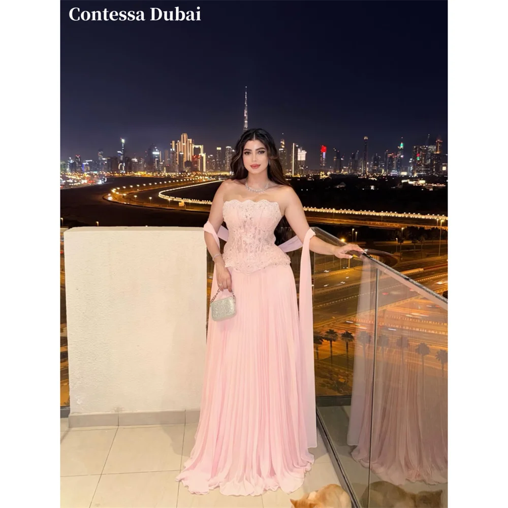 Contessa Custom Pink Lace Corset Evening Dress Strapless Beaded Prom Dresses Chiffon Vestidos De Noche A-Line Formal Evening