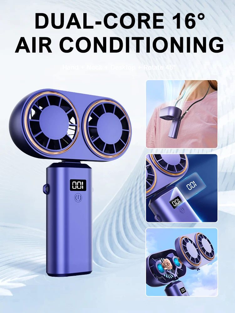 Handheld Personal Fan 5 Adjustable Wind Speeds Hand Dual Fan Rechargeable Cooling Fan With Digital Display Personal Portable Fan