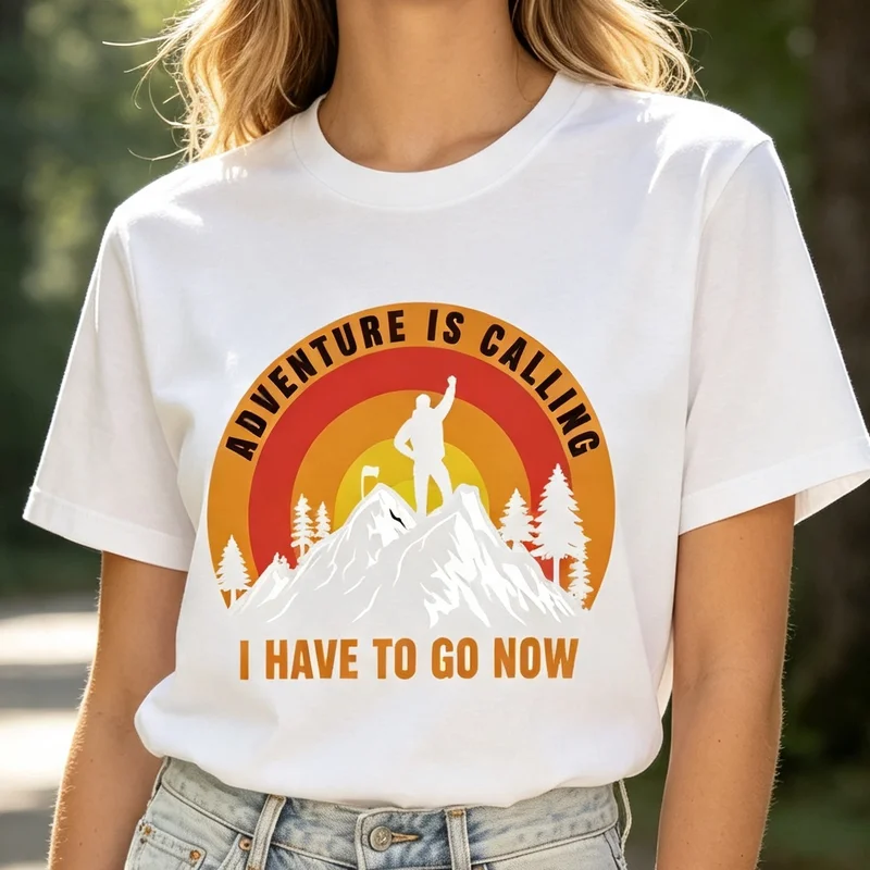 Adventure Is Calling Hiking Mountain Sunset Camping Nature Vintage T Shirt Graphic Tee Casual Streetwear for Men Women Fashion