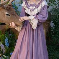 2025 New French Spring Autumn women Vintage Temperament Square Neck Ruffles Long Sleeve Lantern Sleeve Purple Long Solid Dresses