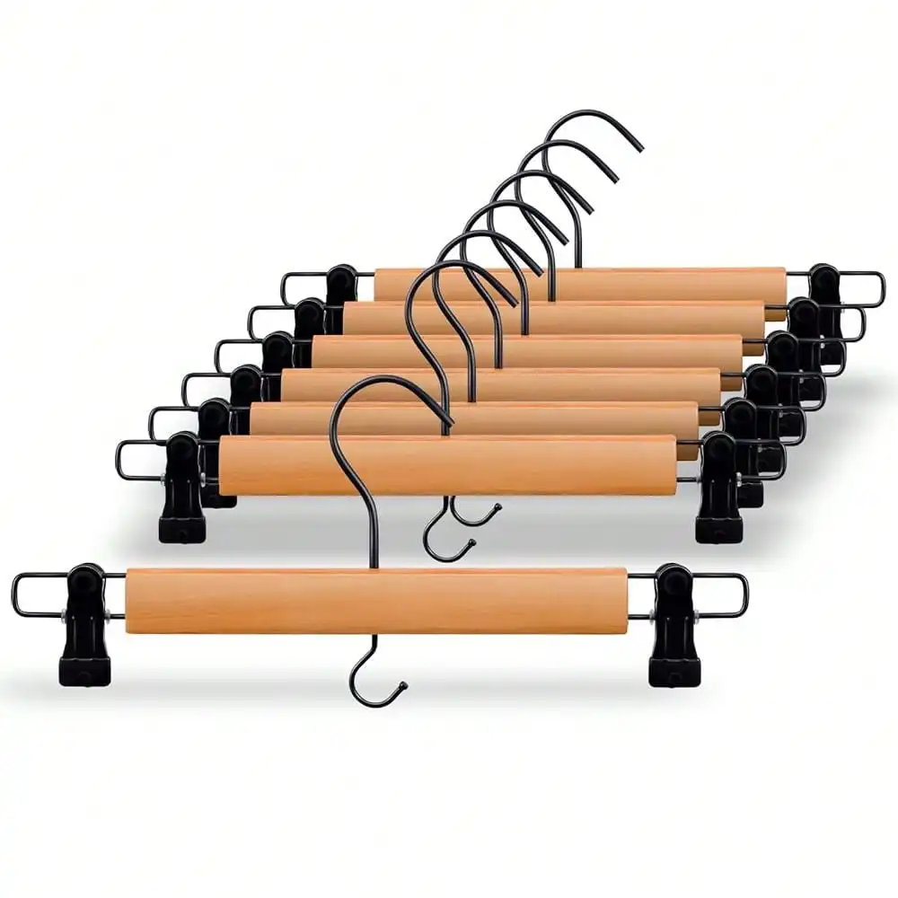 

Premium Wooden Pants Hangers 10 Pack, Skirt Hangers With Two Sure Grip Clips, Noise Canceling Swivel Hook (Clear Natural)
