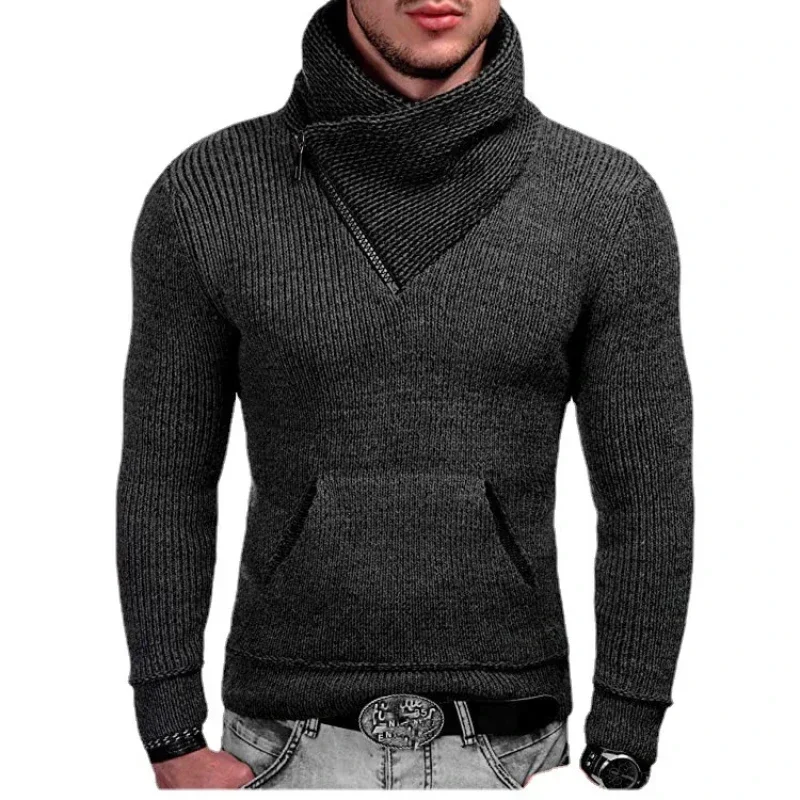 Autumn and Winter Men's Fashion European and American Cross border Pocket Top High Neck Long Sleeve Slim Fit Knitted Shirt Coat