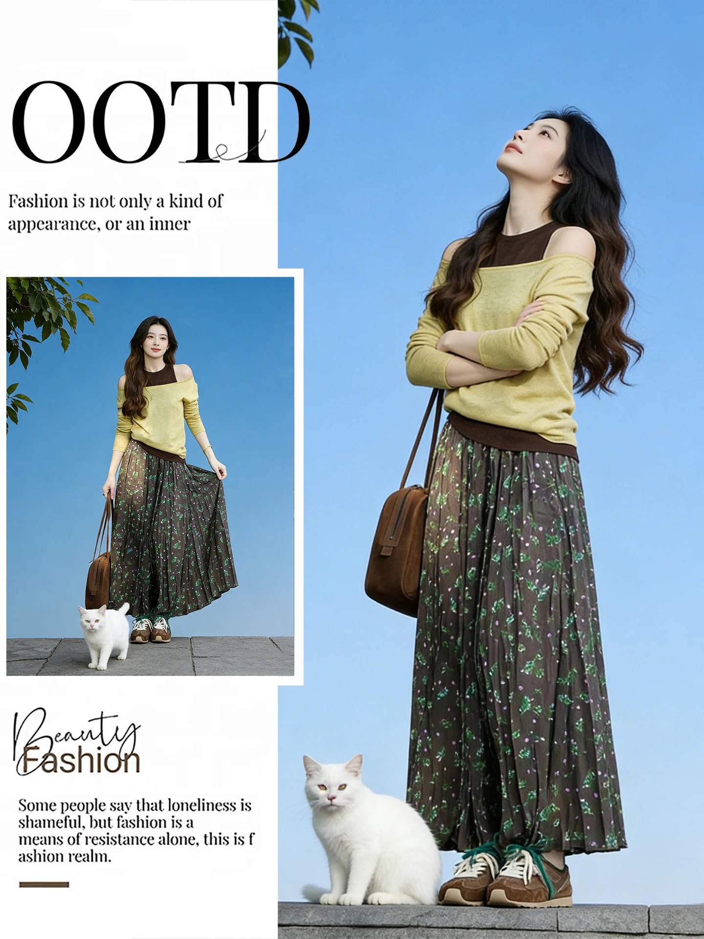 

Unique Beautiful Spring Faion Korean Retro Color Blo oulder Bared Knitted Top And Floral f Skirt Women's Set
