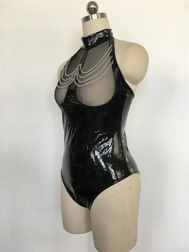 Sexy Backless Cadeia Trim Bodysuit das mulheres, See-through Mesh Splicing, macacão de couro envernizado, desgaste erótico, feminino Biker Suit