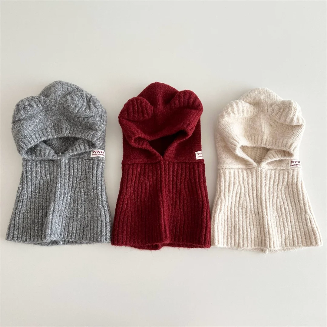 Winter Kids Solid Knit 3D Bear Ear Balaclava Hat Cute Warm Kids One Piece Scarf Cap for Boys GirlS 1-3Y Windproof Children Hat