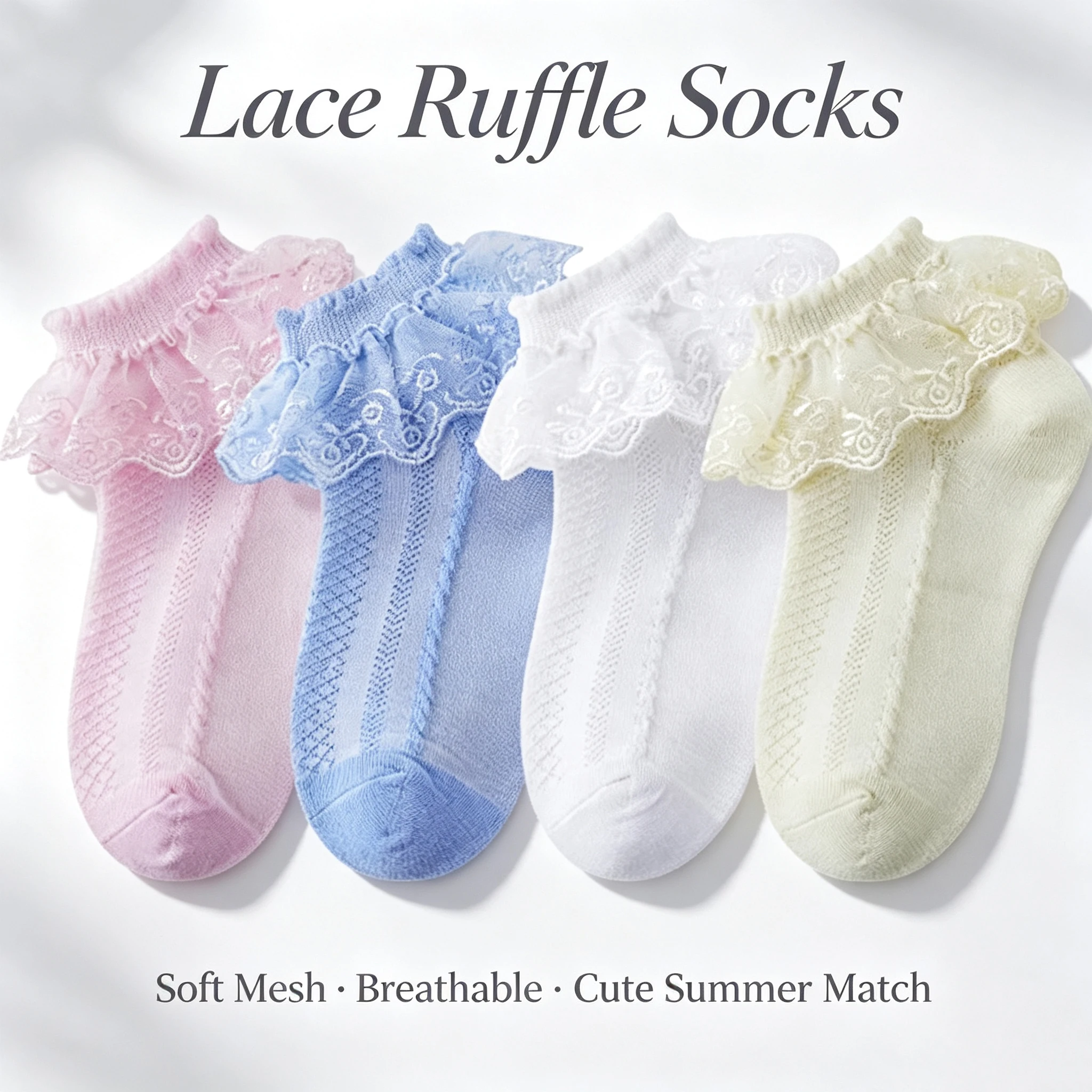4 Pairs Kids Girls Lace Ruffle Ankle Socks All‑Season Wear Mesh Breathable Solid Color Princess Socks For Mary Jane Shoes