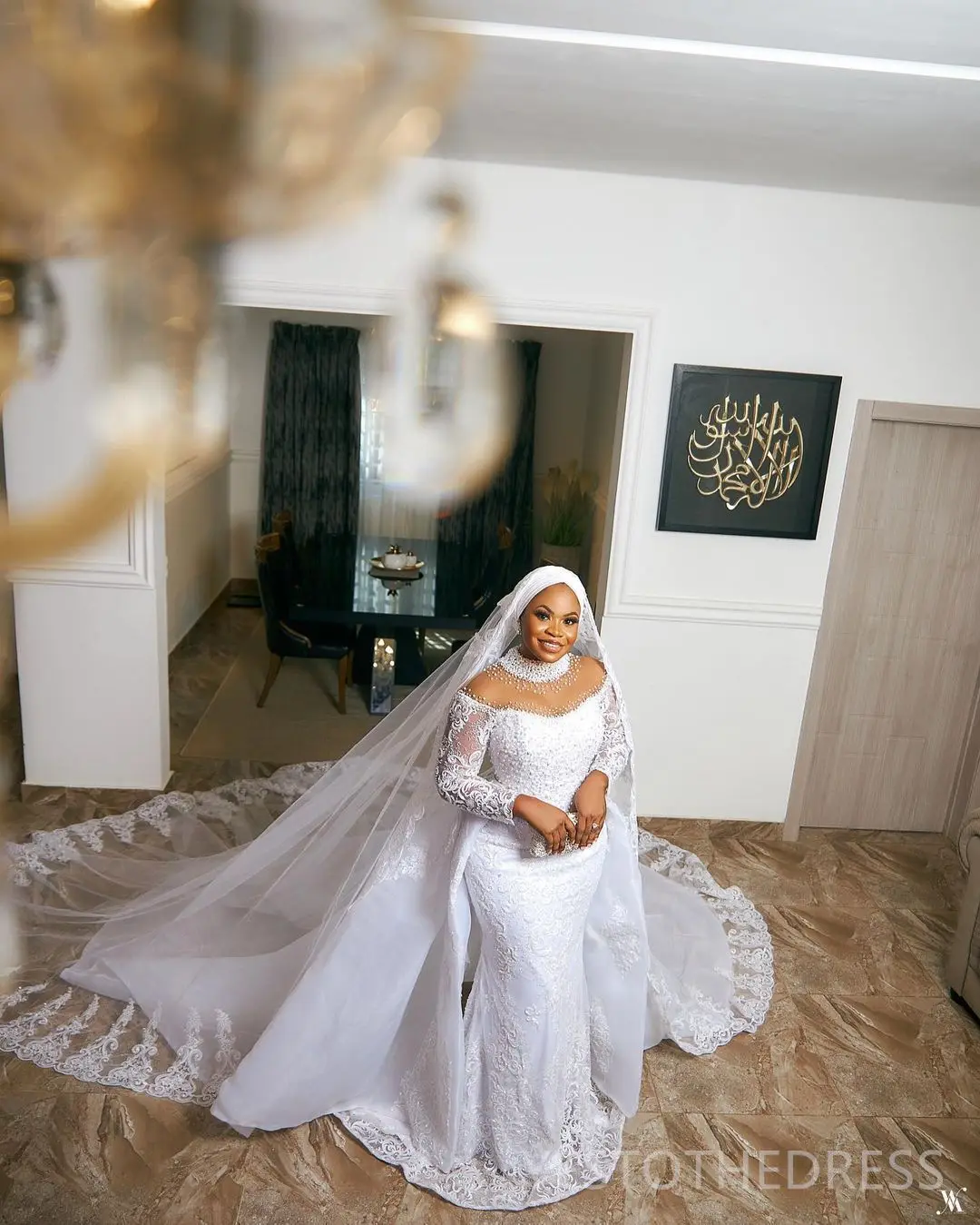 EVLAST ที่กำหนดเองแอฟริกันชุดแต่งงานนางเงือกคอสูงแขนยาวลูกปัดลูกไม้แอพพลิเคชันชุดเจ้าสาวเดรส เดอ โนเวีย E3W31