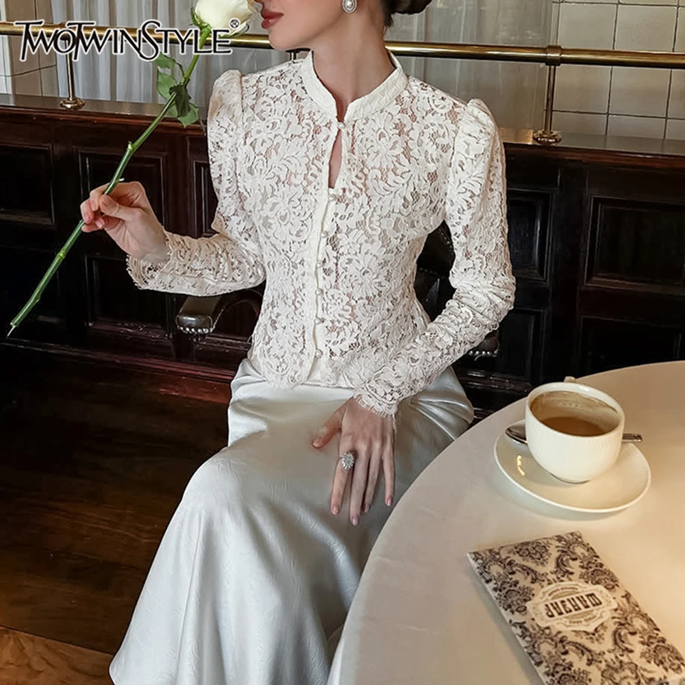 

TWOTWINSTYLE White Loose Spliced Lace Shirts for Women O Neck Long Sleeve Gentle Intellectual Shirt Female Summer Fashion New