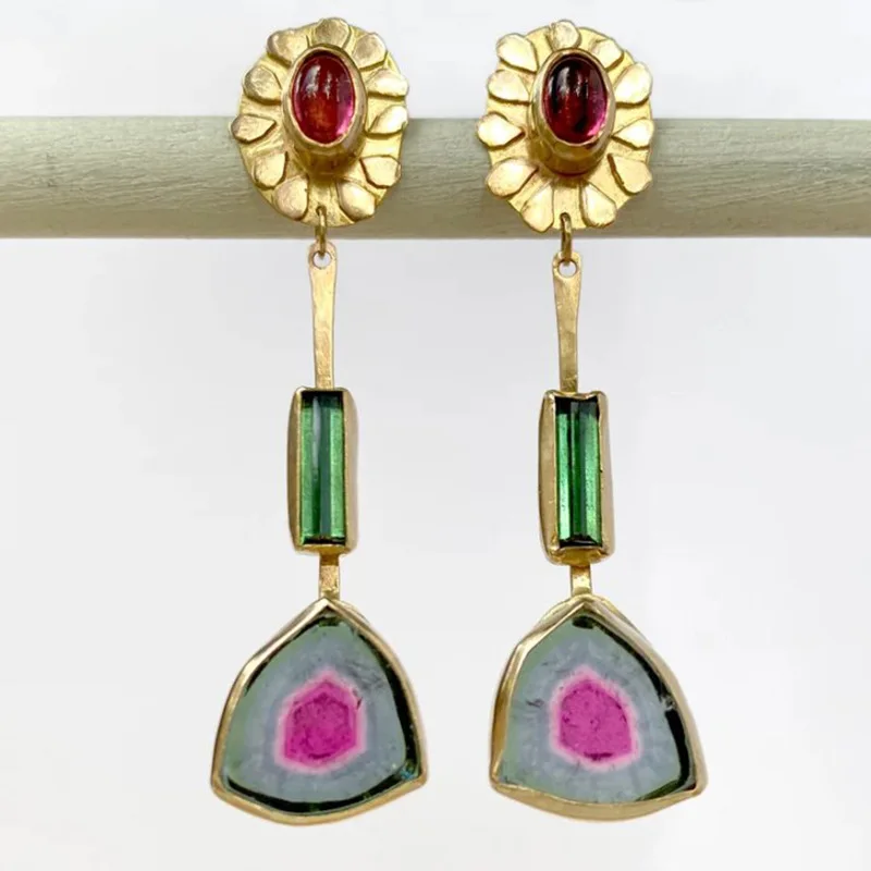 

Niche Designer Watermelon Tourmaline Emerald Garnet Drop Dangle Hoop Stud Earring For Women Personality Art Deco Cheap Jewelry
