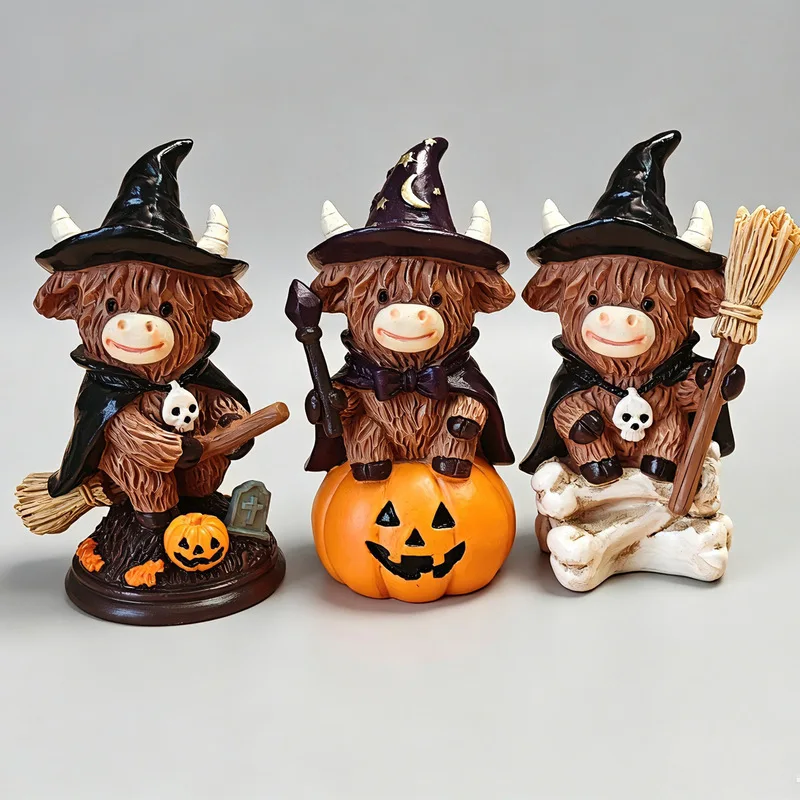 New Cross-Border Halloween Magic Witch Highland Cow Home Gift Broom Pumpkin Atmosphere Decoration Resin Ornament