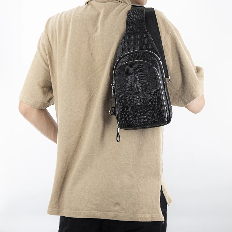 100% Cowhide Leather Men Crocodile Grain Fashion Black Multifunctional Leather Chest Bag sac luxe sac femme bandolera hombre