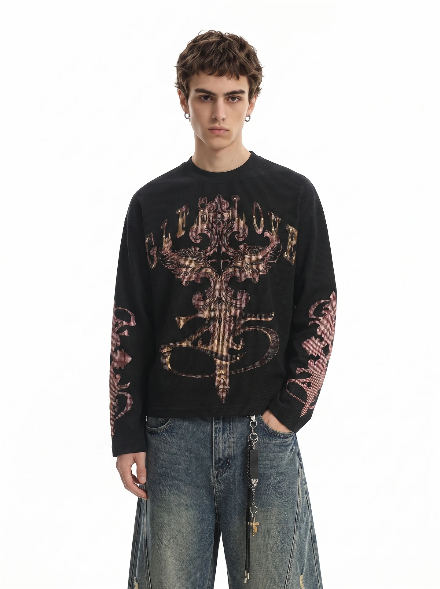 American High Street Printed Rivet Long Sleeve T-Shirt Men's Autumn Subculture Short Wide Boxy Waffle Pattern Top