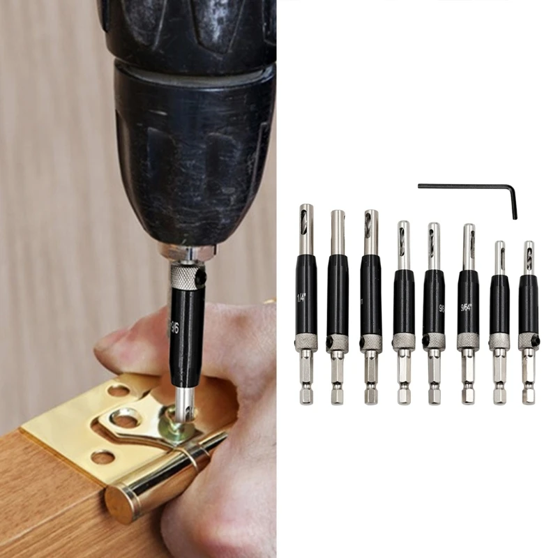 8pcs Self Centering Change Hinge Drill Bits 5/64” 7/64” 9/64” 11/64” 1/4” 13/64” 5mm High Hardness Hinge Drill Bits