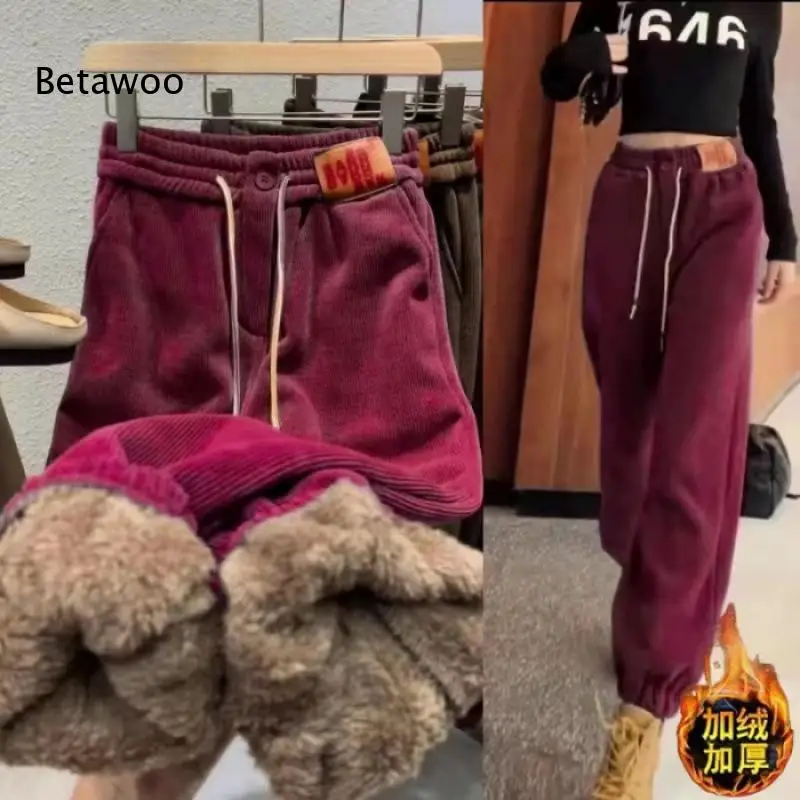 Women Lamb Fleece Lined Cotton Pants High Waist Thick Warm Elastic Drawstring Casual Trousers for Cold Winter Daily Wear