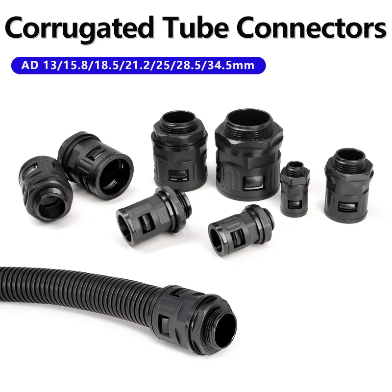 Black Bellows Pipe Joint AD 13/15.8/18.5/21.2/25/28.5/34.5mm Corrugated Tube Nylon Connectors End Fittings Plastic Conduit Gland