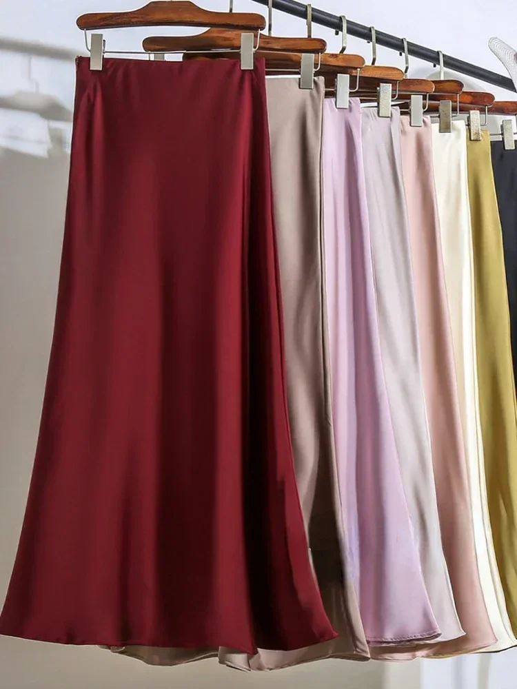 Elegant High Waist Fishtail Skirt Classic Black Acetic Satin Slim Fit Long Skirt with Fashion Elastic Waist for Women Summer