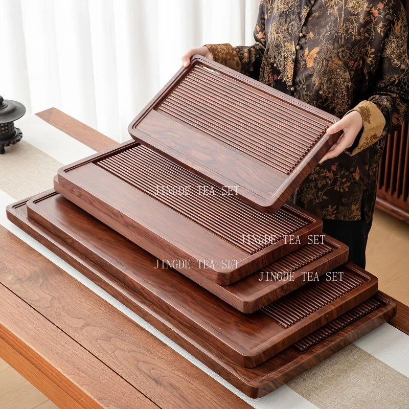 Retro Solid Bamboo Tea Tray Vertical Strip Hollow Drain Surface Removable Water Storage Tray Multiple Sizes Rectangle Tea Plate