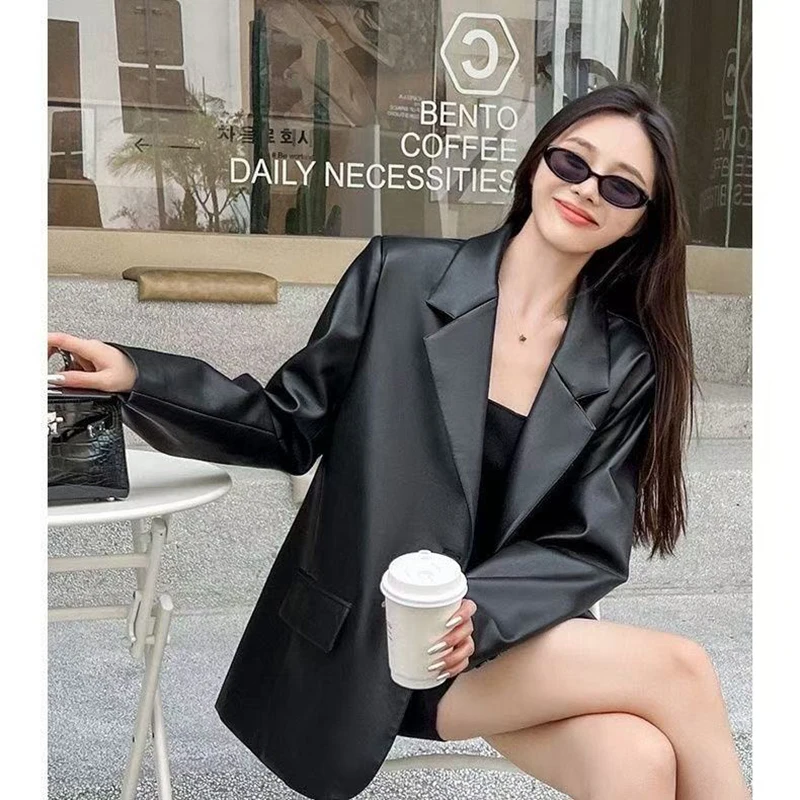 Women Black Soft PU Leather Blazer Shoulder Pads Long Sleeve Single Breasted Loose Casual Jacket Tops 2025 Korean Fashion Coat