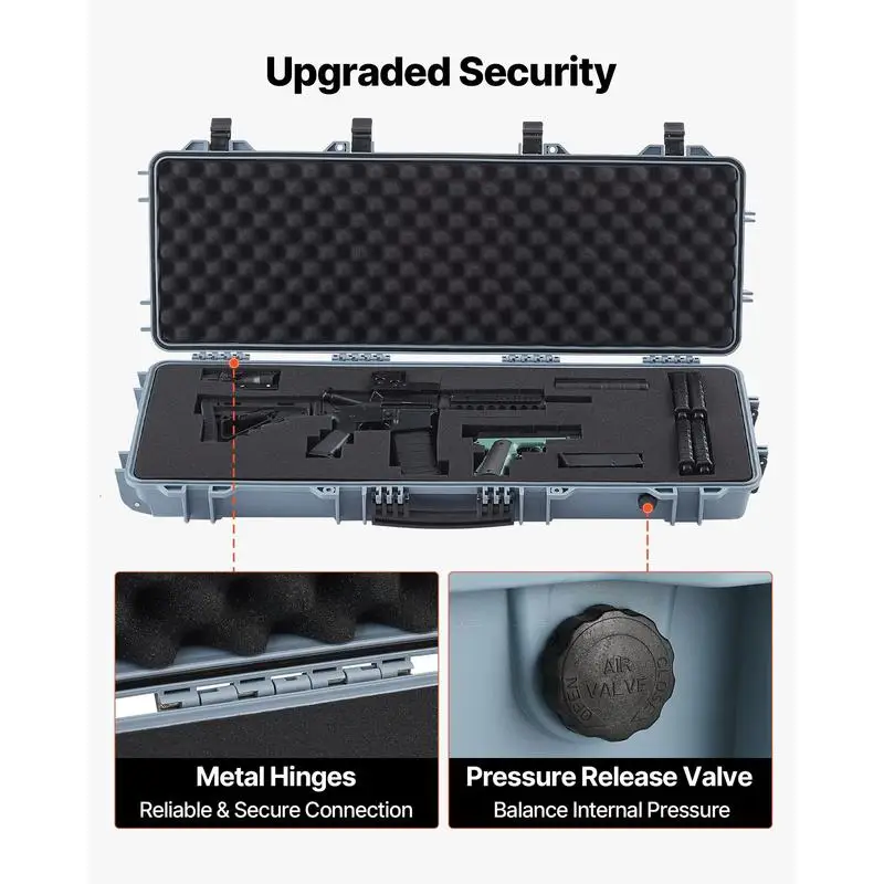 Abschließbarer Hartschalenkoffer 108,9 cm, wasserdichter IP67 Langwaffenkoffer mit Rollen, sicherer Transport für Gewehre, grau