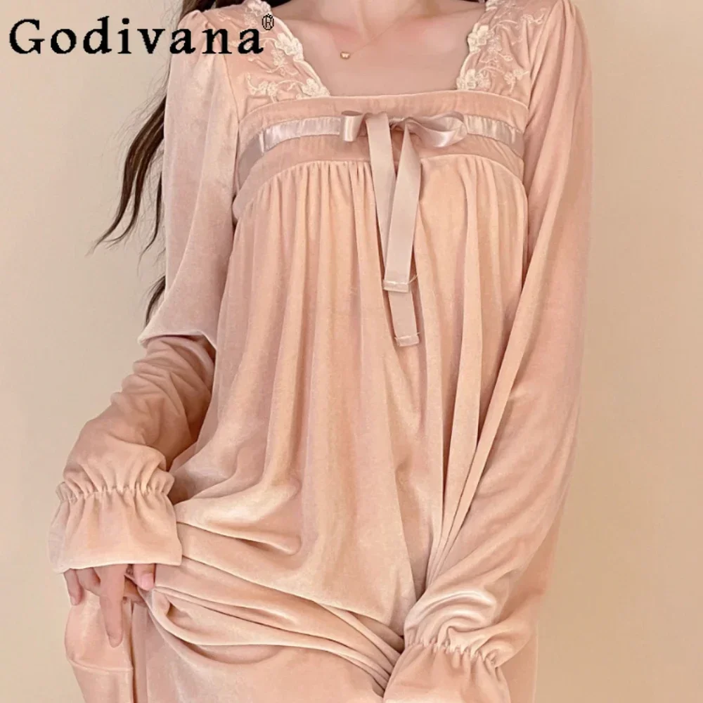 

Court Style Velvet Nightdress Women's Autumn Winter 2024 New Pajamas Pink Loungewear Sleepwear