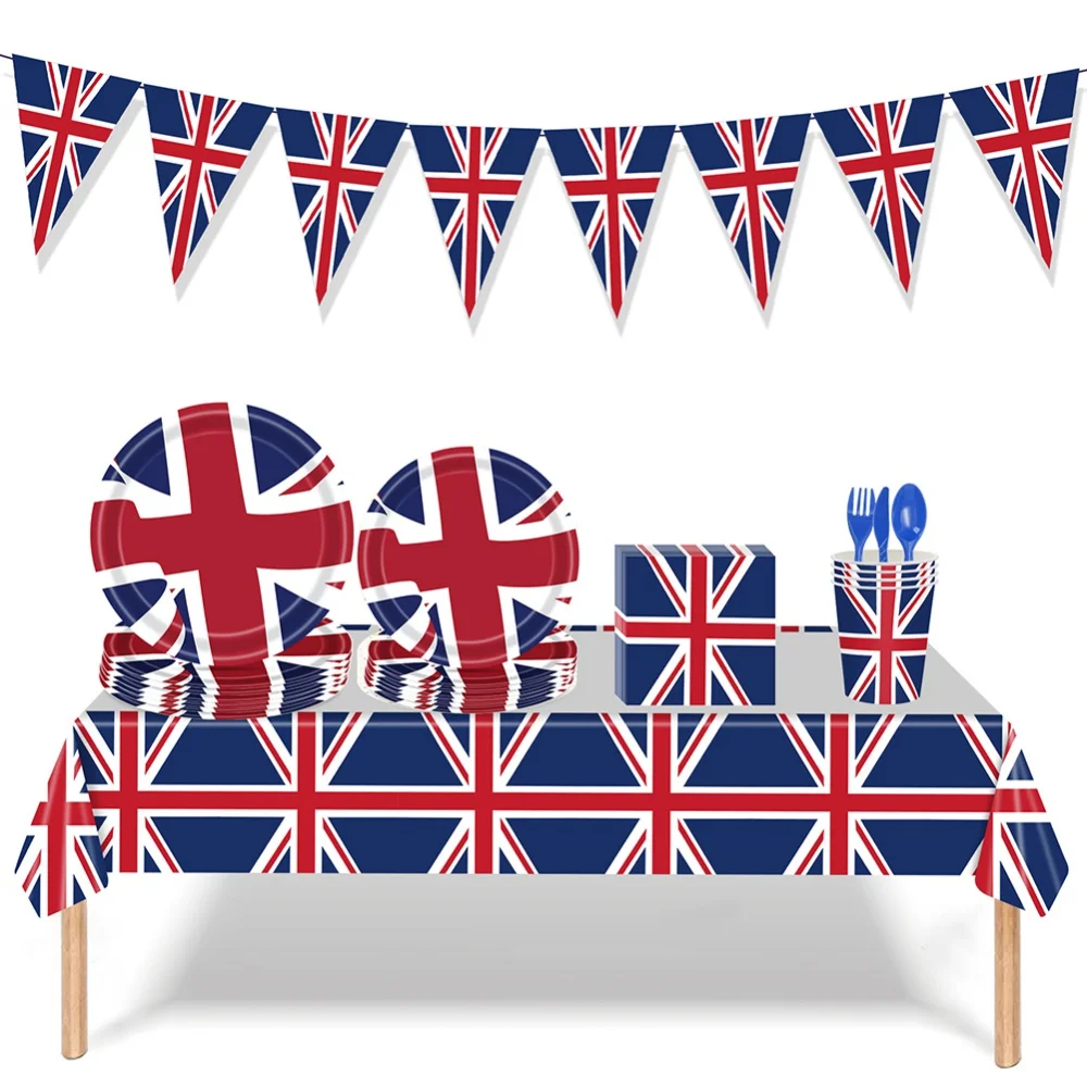 124Pcs UK British Flag Union Jack Party Supplies Tablecloth/Napkins/Cups/Paper Plates Dinnerware Set Hanging Banner Decoration