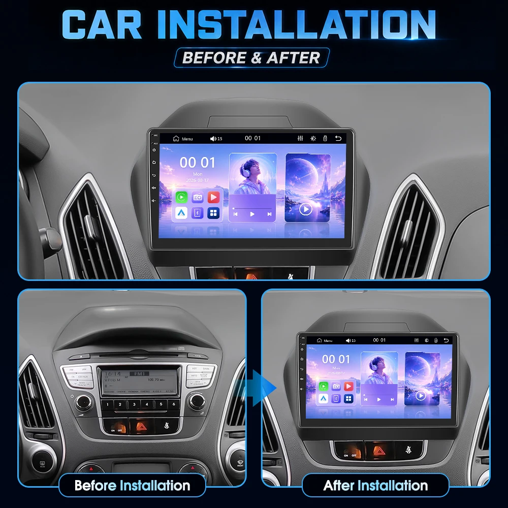 Autoradio stereo Podofo da 10,1 pollici per Hyundai IX35 2010-2015 con CarPlay wireless, Android Auto, Bluetooth, Mirrorlink, lettore multimediale video