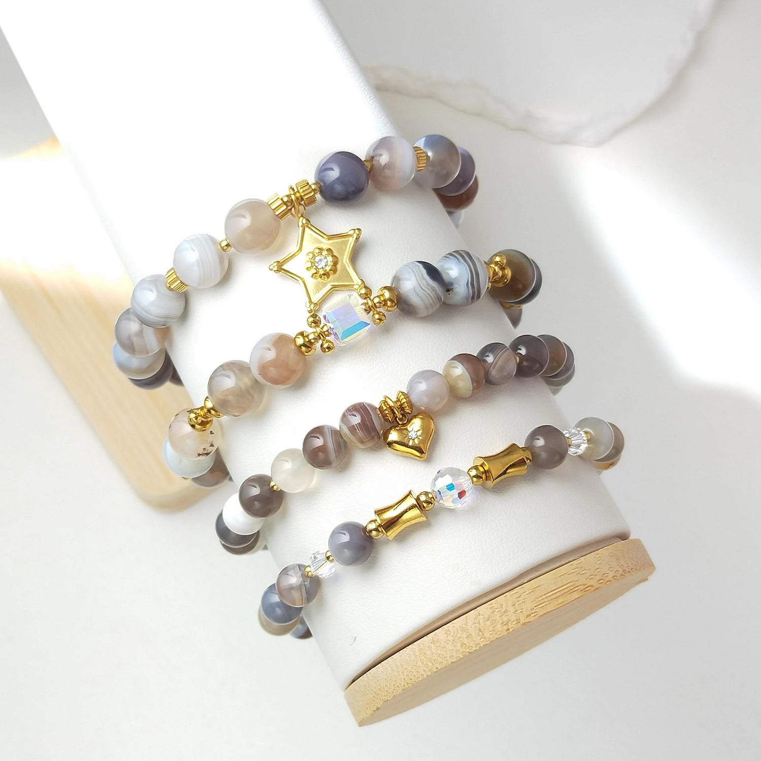Lii Ji Natural Stone Botswana Agate 6/8mm With Crystal Stainless Steel Elastic Bracelet