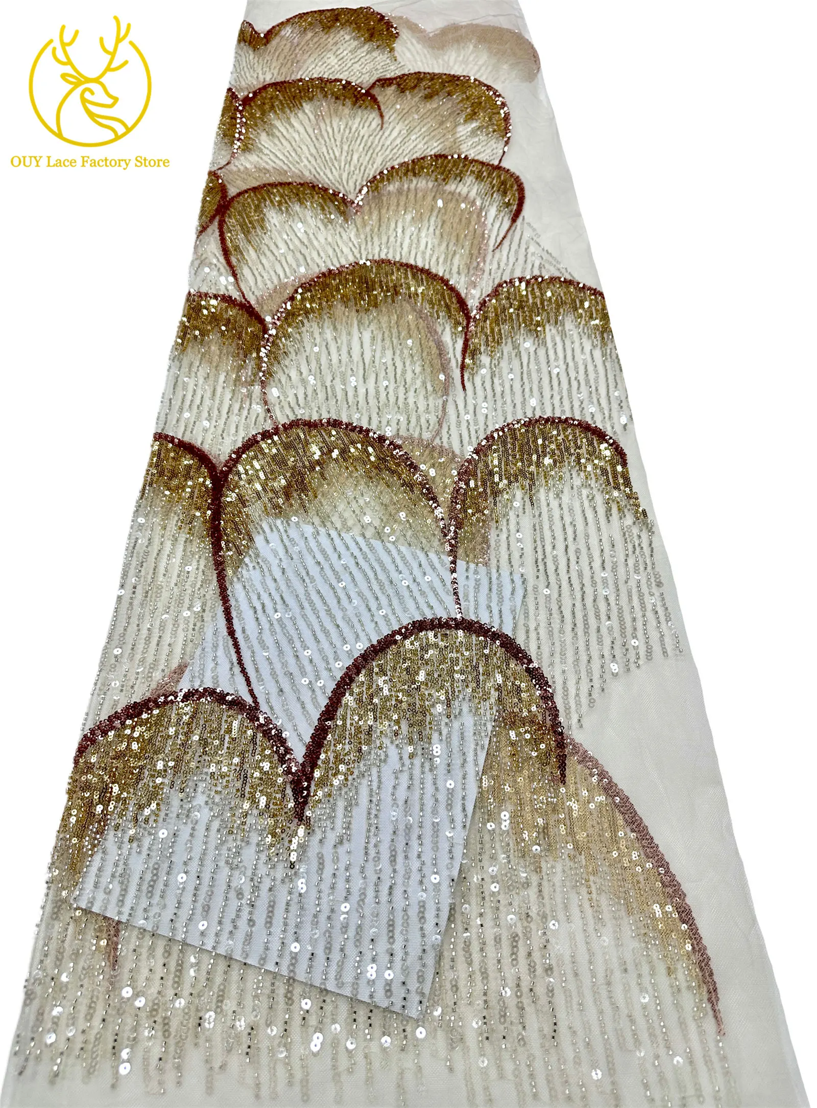 5 Yards afrikanischer Perlen-Pailletten-Spitzenstoff, hochwertiger, exquisiter nigerianischer Tüll-Mesh-Spitzenstoff zum Nähen von Hochzeitskleidern – Detail 16