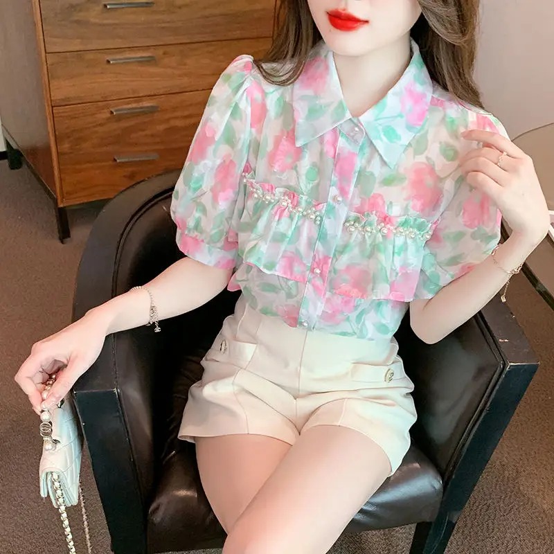 Sweet Lapel Printed Ruffles Beading Puff Sleeve Shirts Female Clothing 2024 Summer New Loose All-match Tops Chic Chiffon Blouses