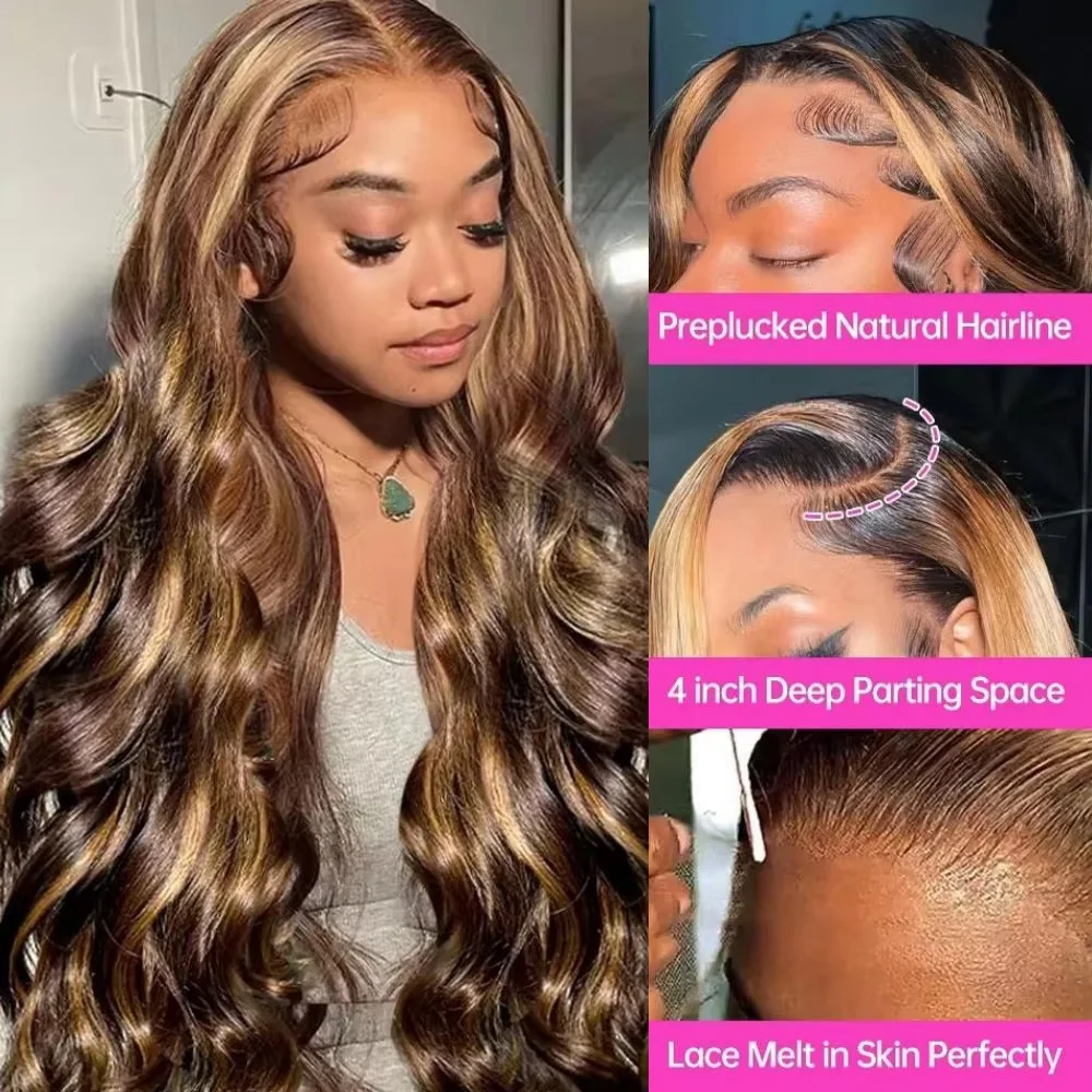 

P4/27 Highlight Ombre Body Wave HD Кружевной фронтальный парик 46 дюймов 200 Плотность человеческих волос Парик для женщин Предварительно выщипанные натуральные волосы