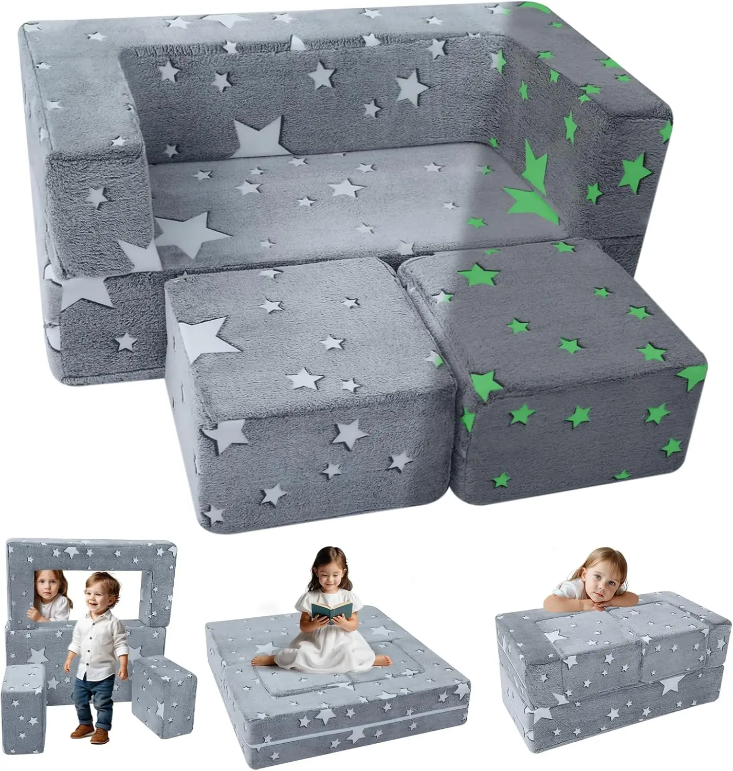 Modular Kids Play Couch Sofa – Glow in The Dark Star Design, Fold-Out Toddler Couch for Playroom Furniture, Grey