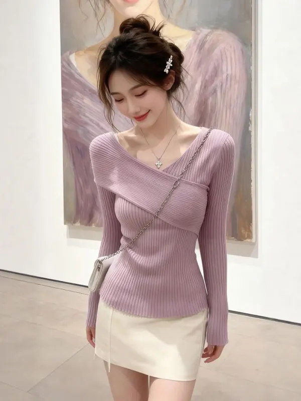 

Сексуальный вязаный свитер с v-образным вырезом, женский облегающий длинный свеч, средний тонкий однотонный повседневный зимний свитер, новый дизайн для молодых девушек