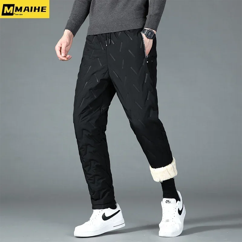 Winter Lamb Fleece Cotton Pants Men\'s Thickened Warm Elastic Waist Padded Pants Casual Sportswear Jogging Pants Men\'s plus size