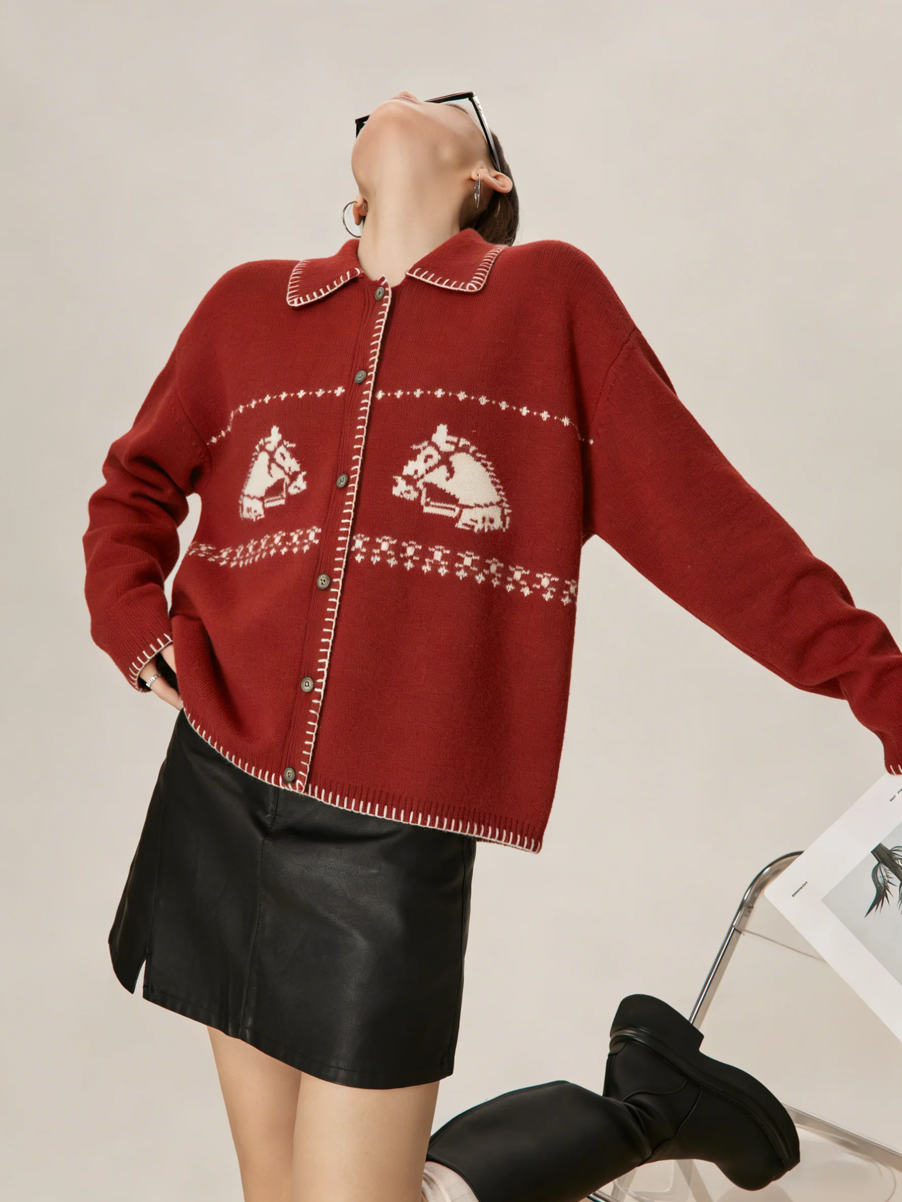 

Red Embroidered Knitted Open Cardigan Women's Winter Sweater Casual Loose Fit Long Sve Faionable New Year's Wear