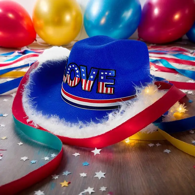Sombrero de vaquero Sombrero de vaquera occidental de fieltro con cordón bordado Patrón de amor Accesorios de disfraz para el día patriótico de mascarada