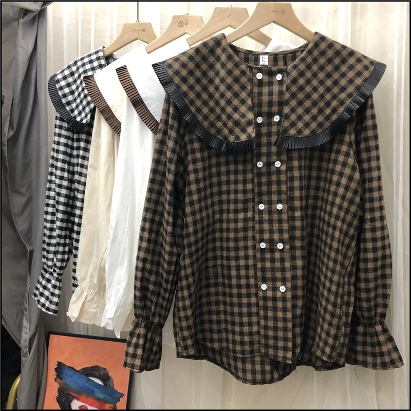Slimming Plaid Long Sleeve Shirt Sweet Japanese Style Baby Doll Collar Casual Versatile Loose Fashionable Trendy Top for Youn...