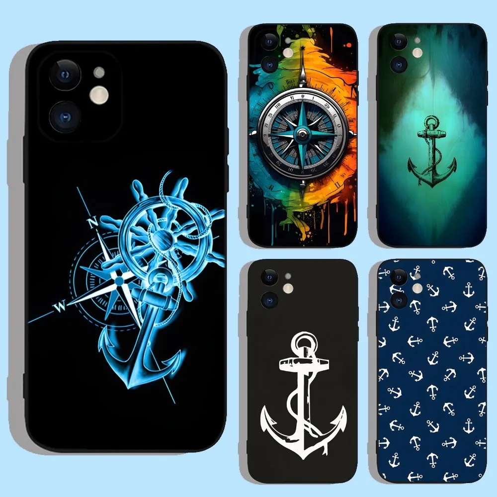 Anchor Compass Nautical Sailor Phone Case For iPhone 16,15,14,13,12,11,XS,XR,X,8,7,Pro,Max,Plus,mini Silicone Black Cover