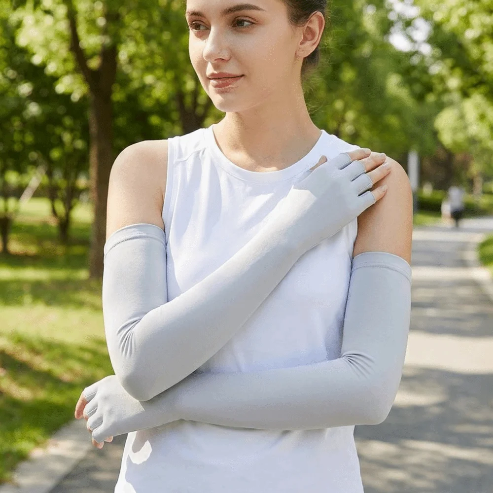 Elastic Ice Cooling Arm Sleeves Quick Dry Polyester Half Finger Gloves Lightweight Breathable Sun Protection Arm Cover Driving