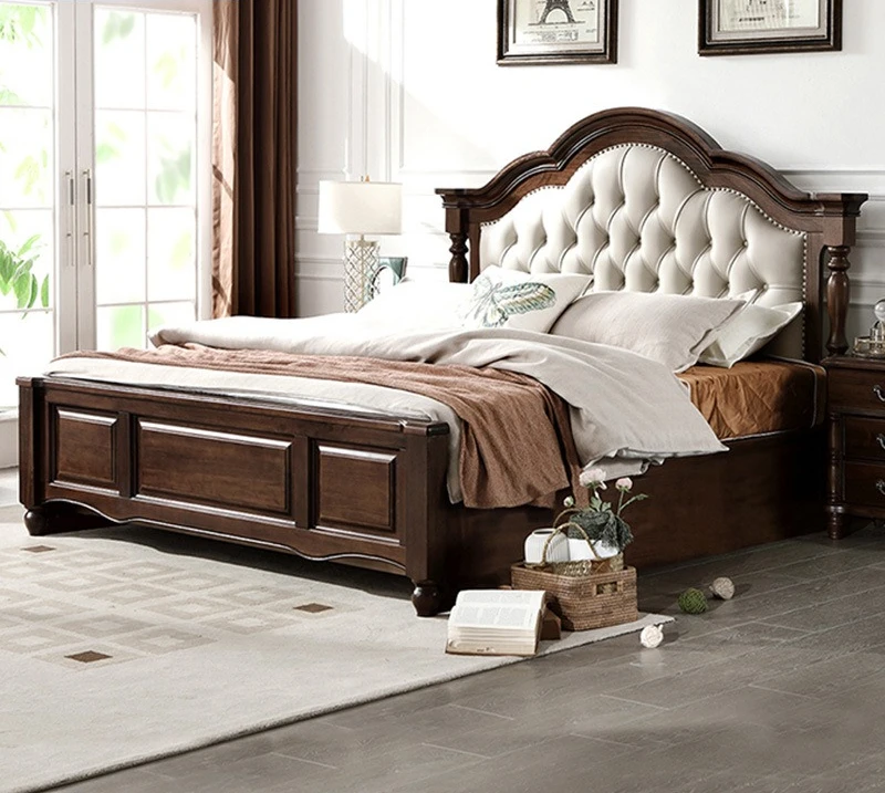 

American retro solid wood bed 1.8m - master bedroom genuine leather soft backrest double bed with drawers