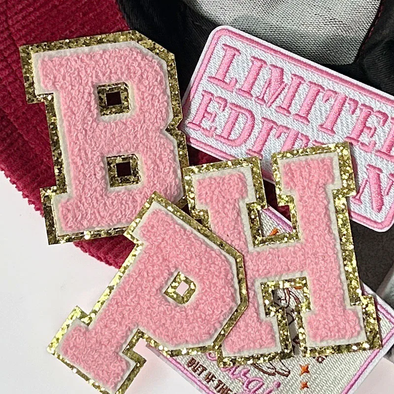 8cm Pink Letters Applique AlphabetTowel Embroidered Chenille Patches For DIY Clothing Bags Jacket Iron On Patch Applique