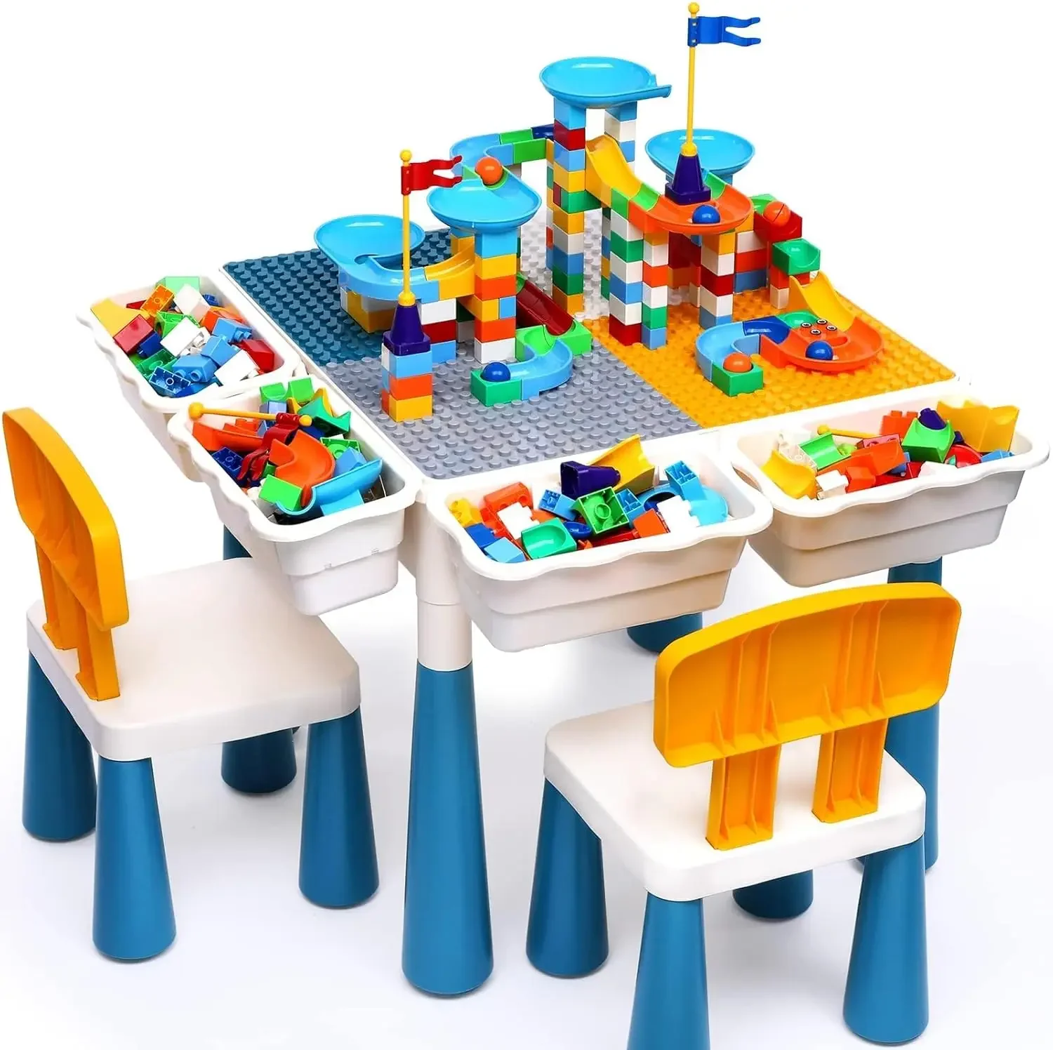 7 in 1 Kids Activity Table and Chair Set with 152Pcs Large Marble Run Building Blocks, Sand/Water Table, Toddler Learning Play T