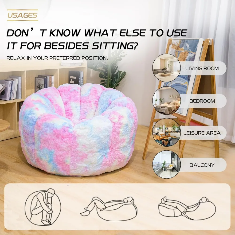 Giant Bean Bag Chair, Faux Fur Adult Chair with Petal Armrest Oversize Bean Bag Sofa for Bedroom, Living Room, Dorm, Game - Rain